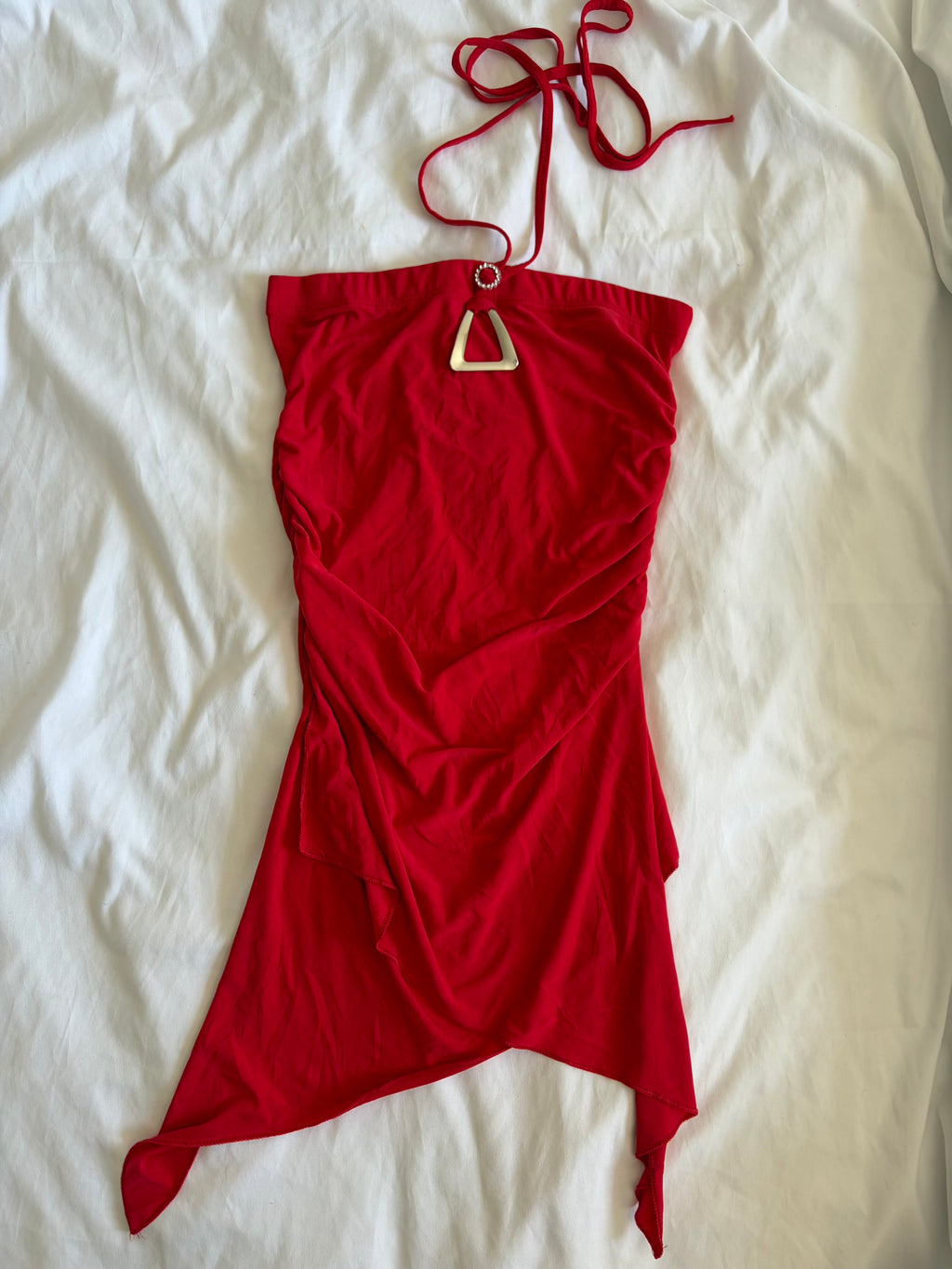 Vintage Y2K French red bandeau top with asymmetrical hem and diamonte detail with side ruching