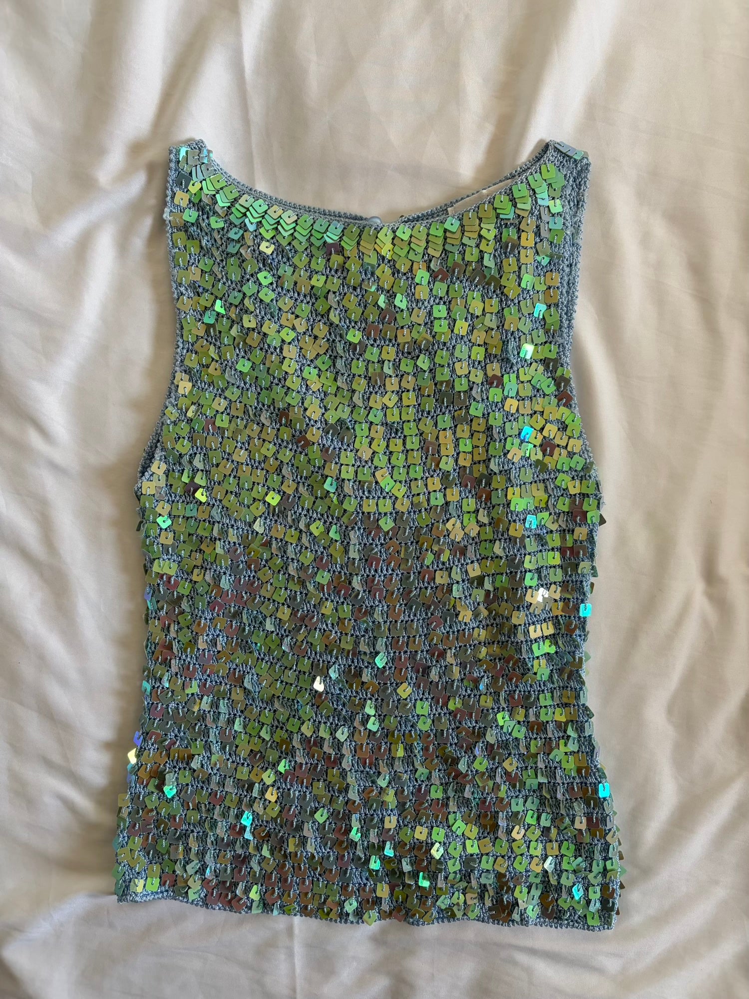 Vintage 1990s Boatneck Turquoise Crochet Sequin Top