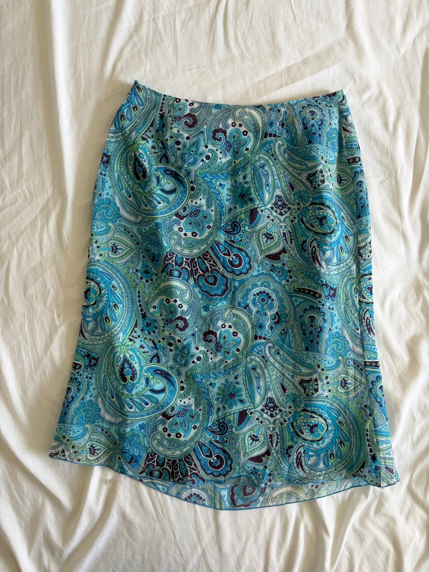 Vintage Y2K Blue and Green Paisley Midi Skirt