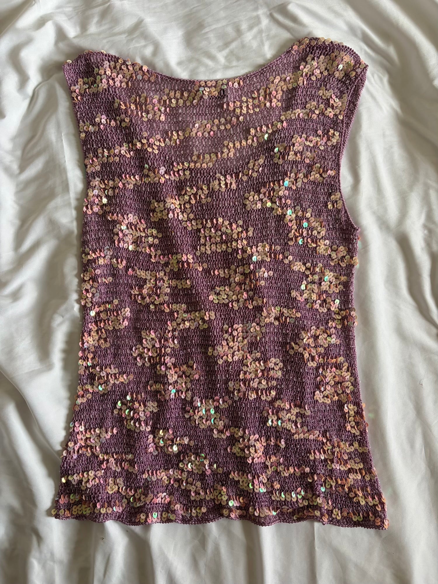 Vintage Y2K lilac and pink sequin crochet cami
