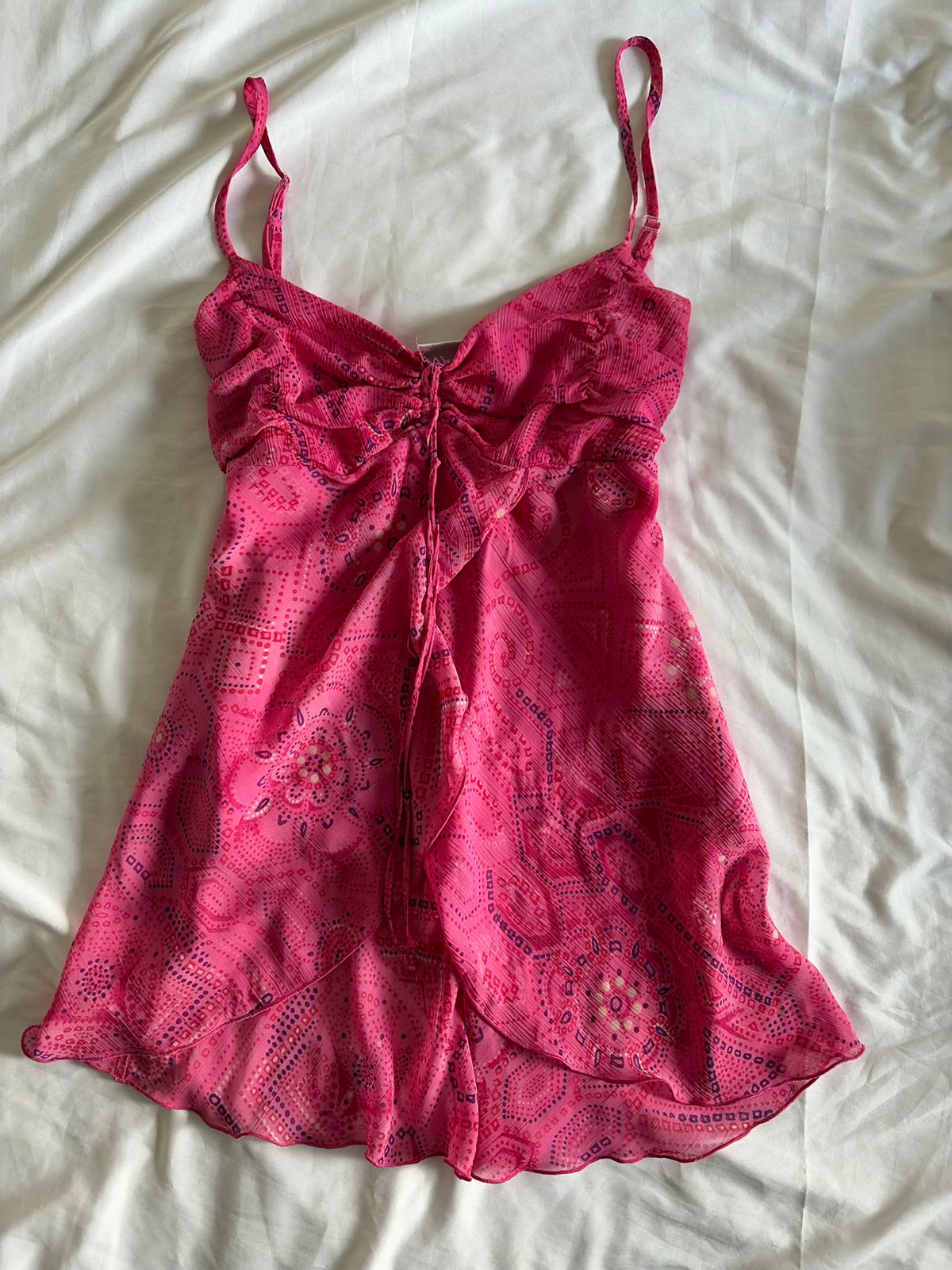 Vintage Y2K Pink Abstract Ruched Bust Cami with Beads