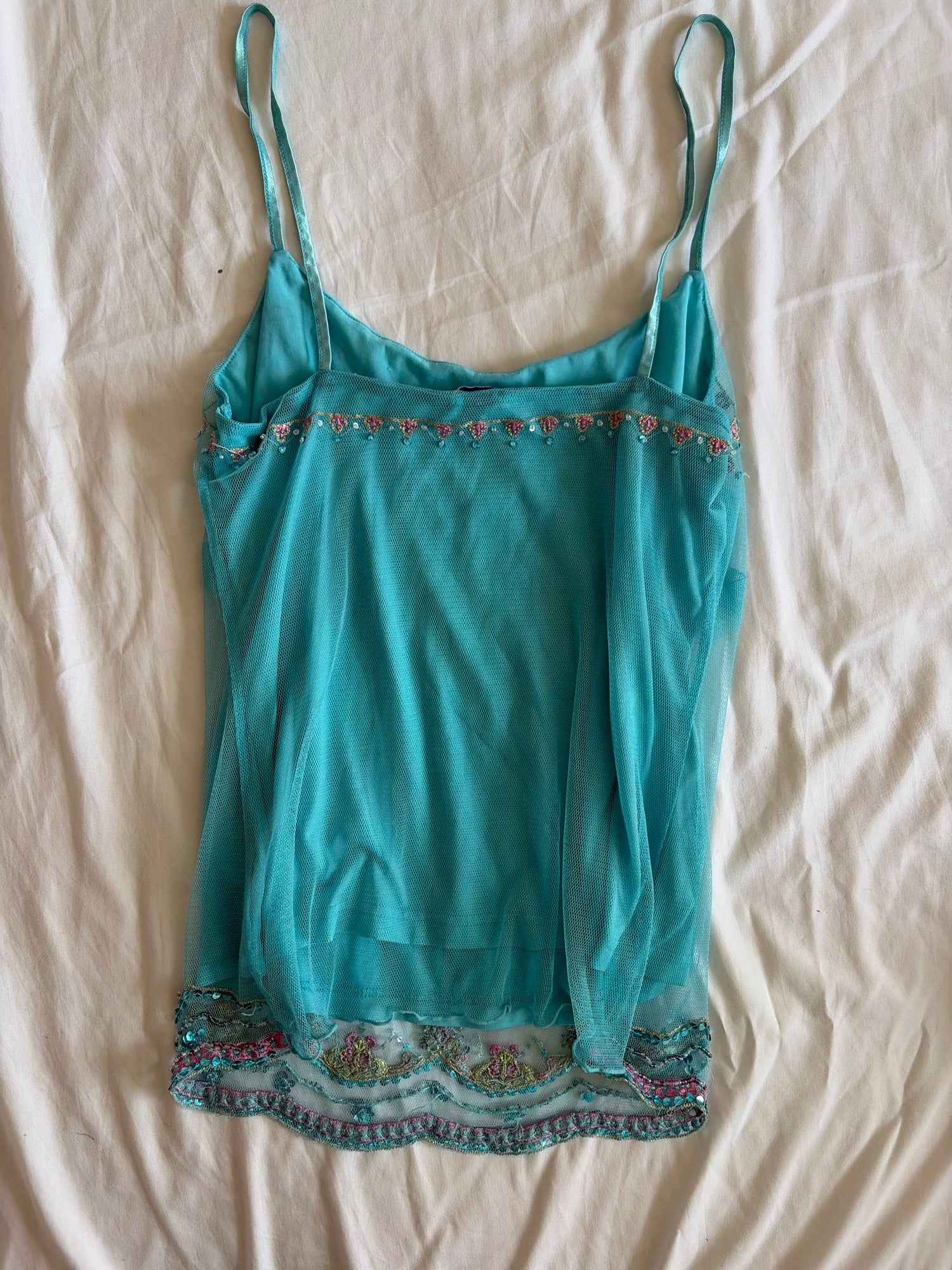 Vintage Y2K Teal Turquoise Mesh Cami Overlay with Embroidery Beads and Sequins