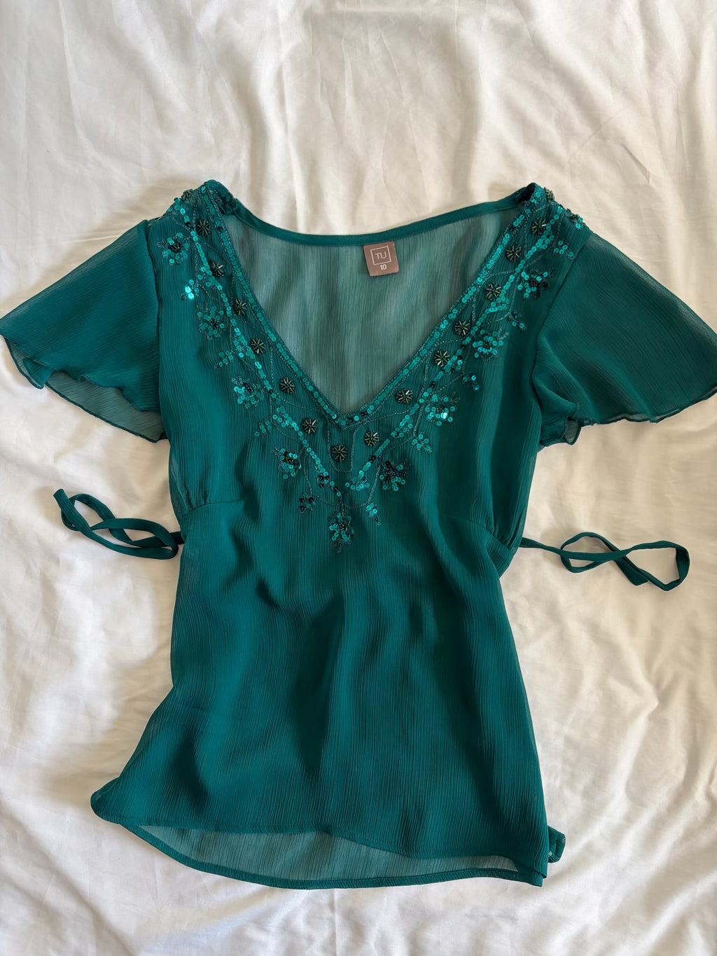 Vintage Y2K Teal Sequin Top with Side Ties