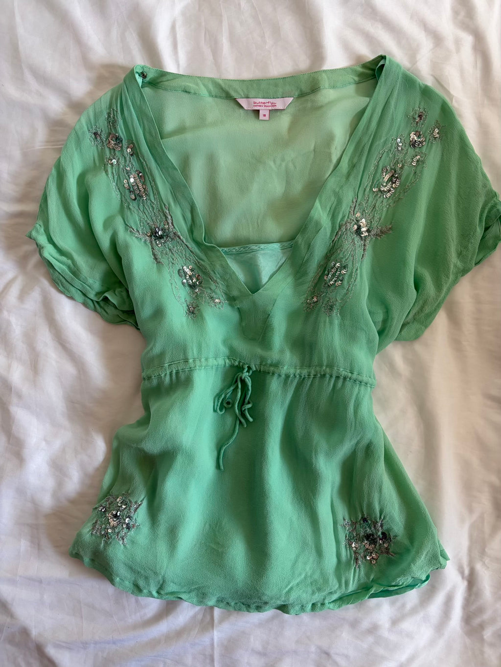 Vintage Y2K Turquoise Silk Blouse with Sequins and Embellishment