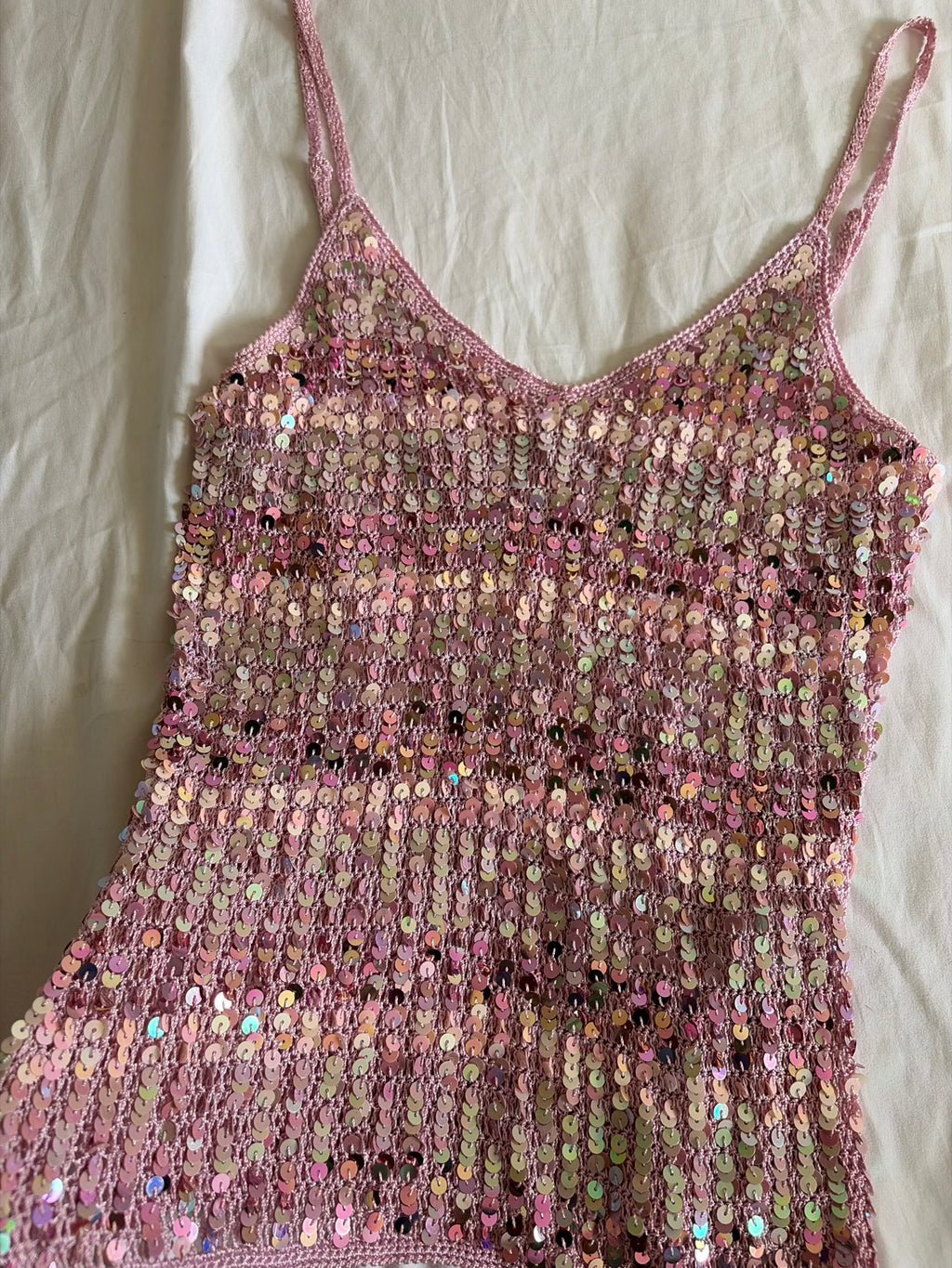 Vintage Y2K Pink Crochet Striped Sequin Cami
