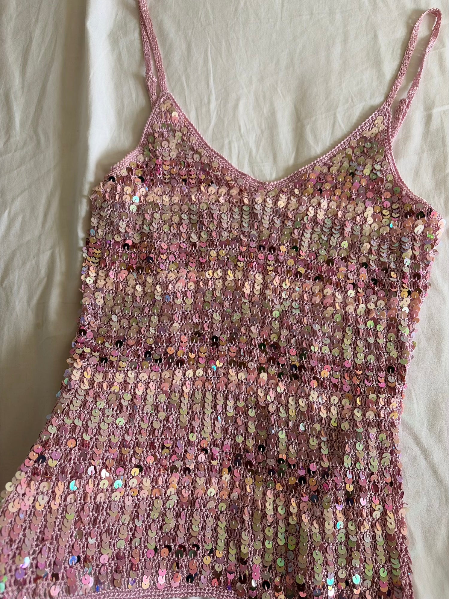 Vintage Y2K Pink Crochet Striped Sequin Cami