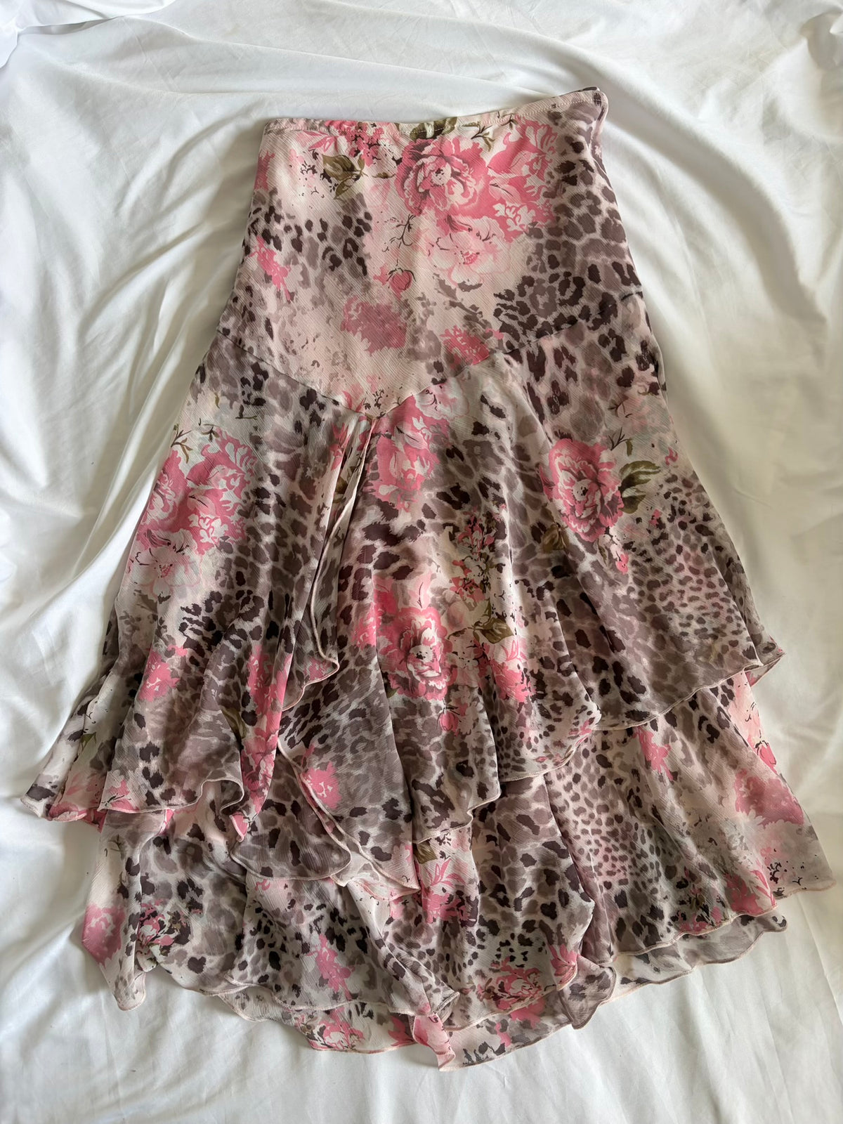 Vintage 1990s Floral and Leopard Print Floaty Skirt