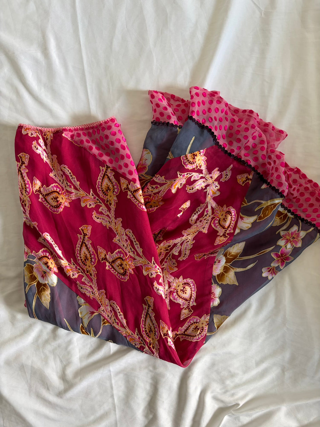 Vintage 1990s Silk Blend Patchwork Paisley Floral Polka Dot Midi Skirt