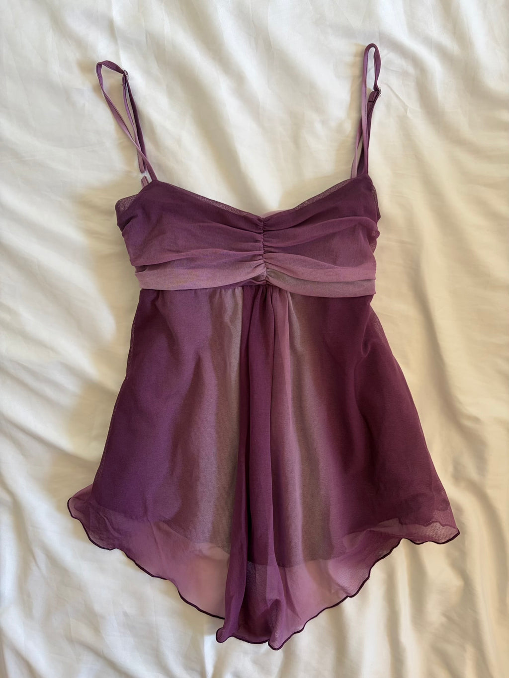 Vintage Y2K Purple Ombre Mesh Cami with Ruched Bust and Asymmetrical Hem