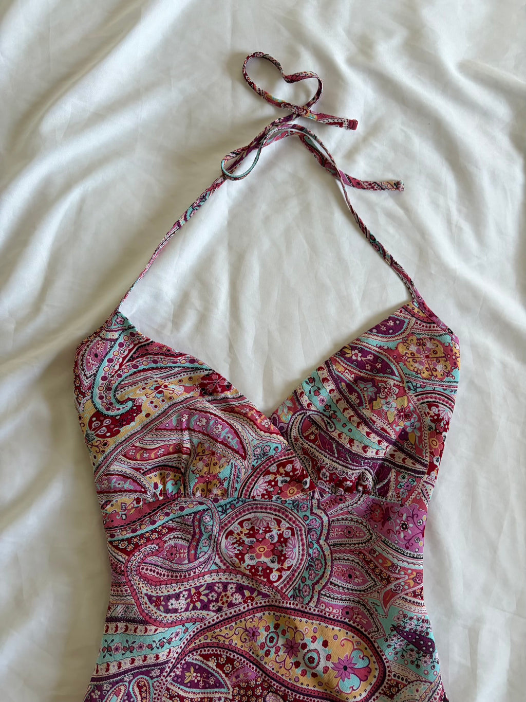 Vintage Y2K pink paisley halterneck cami with floaty fairy hem