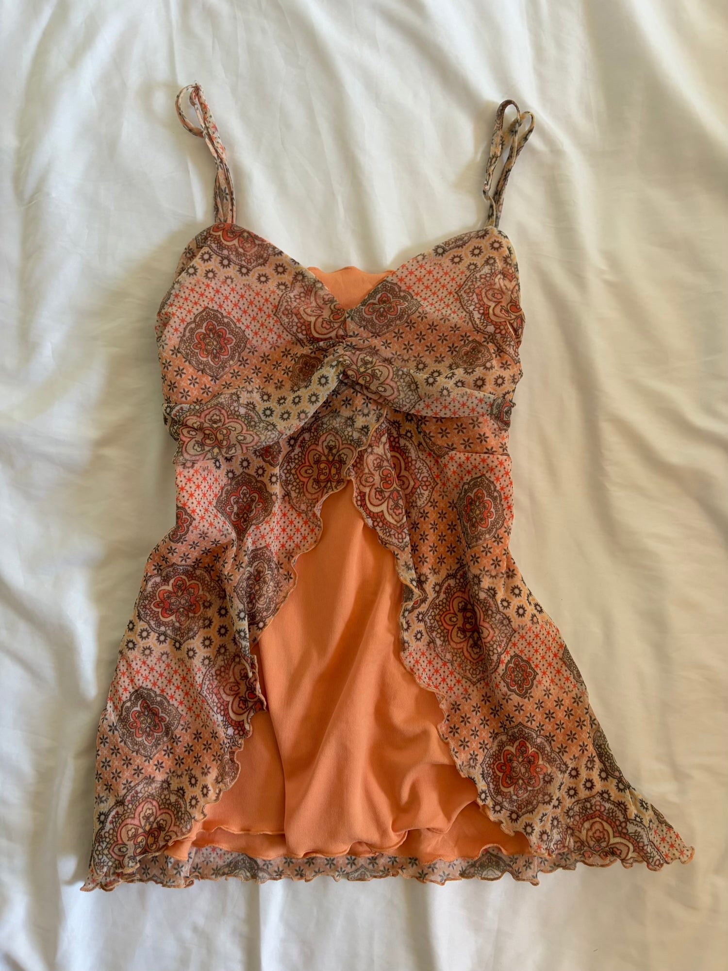 Vintage Y2K Orange Micromesh Paisley Boho Ruched Bust Cami