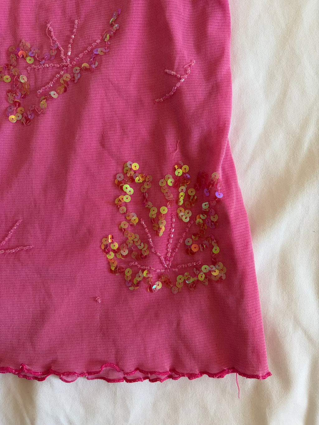 Vintage Y2K bubblegum pink micromesh cami with sequin and beaded detail