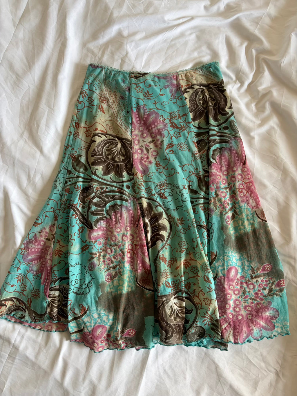 Vintage 1990s Blue Floral Graphic Micromesh Midi Skirt with Mermaid Hem