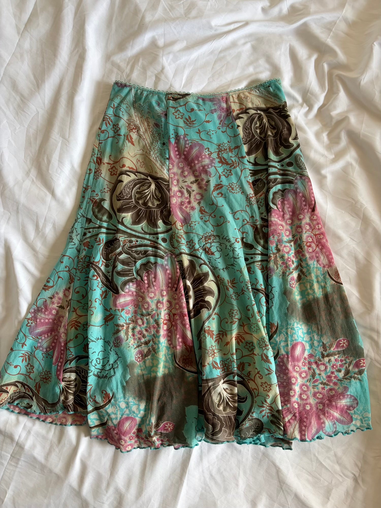 Vintage 1990s Blue Floral Graphic Micromesh Midi Skirt with Mermaid Hem