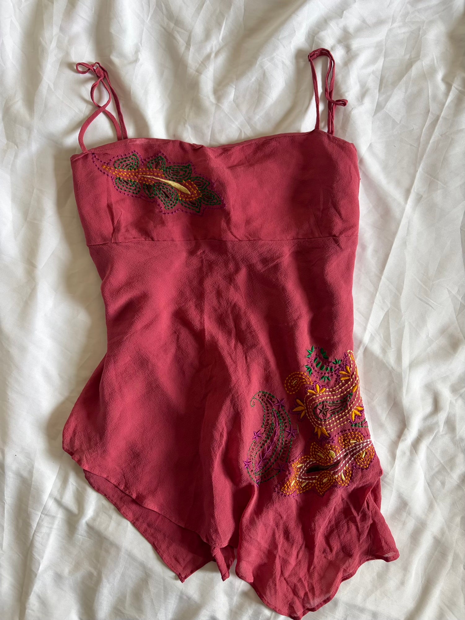 Vintage 1990s Silk Raspberry Asymmetrical Hem Forest Fairy Cami with Embroidery