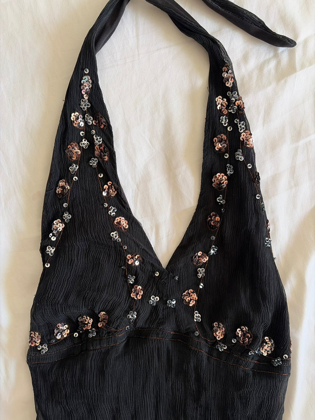 Vintage 1990s Black Floaty Silk Halterneck with Sequins and Beads