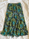 Vintage 1990s Green and Blue Floaty Hem Skirt with Picot Elastic Waist