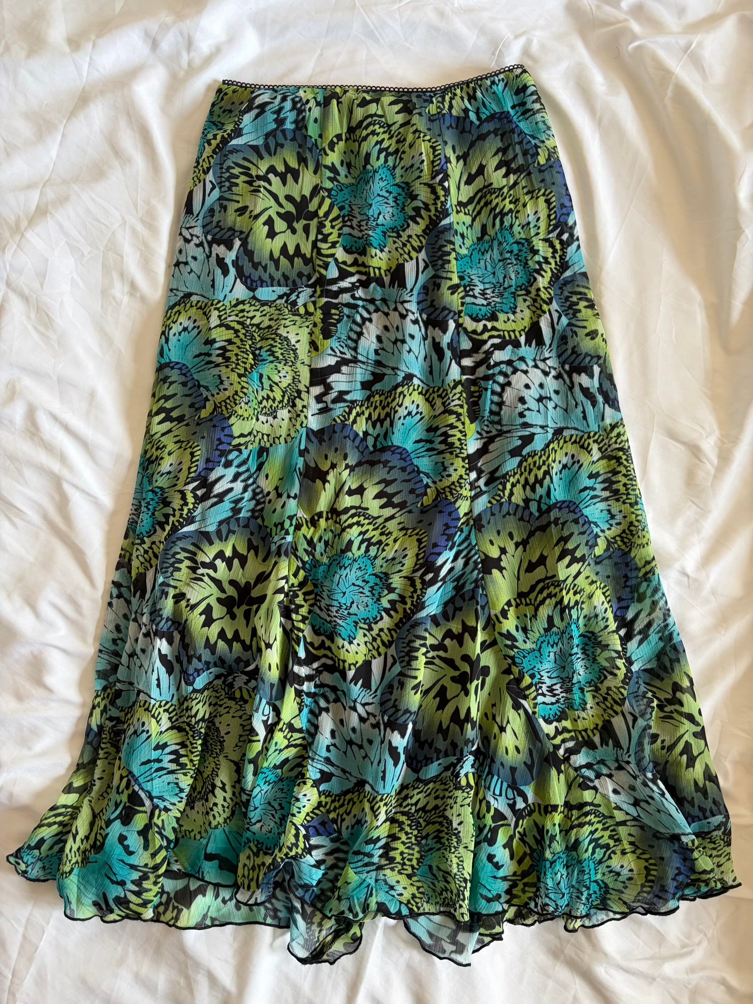 Vintage 1990s Green and Blue Floaty Hem Skirt with Picot Elastic Waist