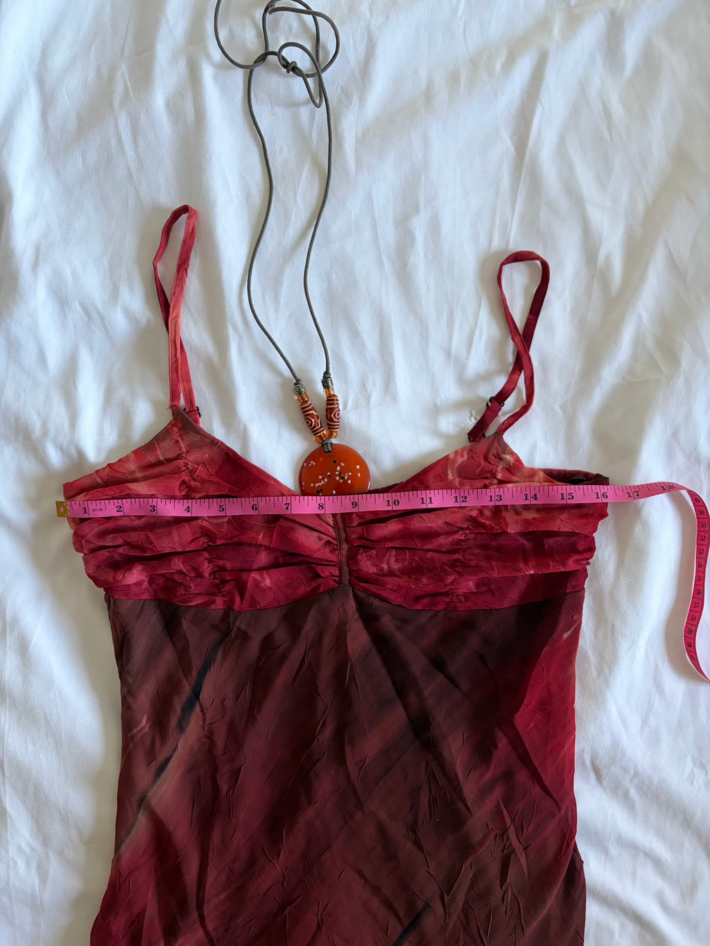 Vintage Y2K handkerchief hem brown and red tie dye ruched bust dress with pendant and beaded detail