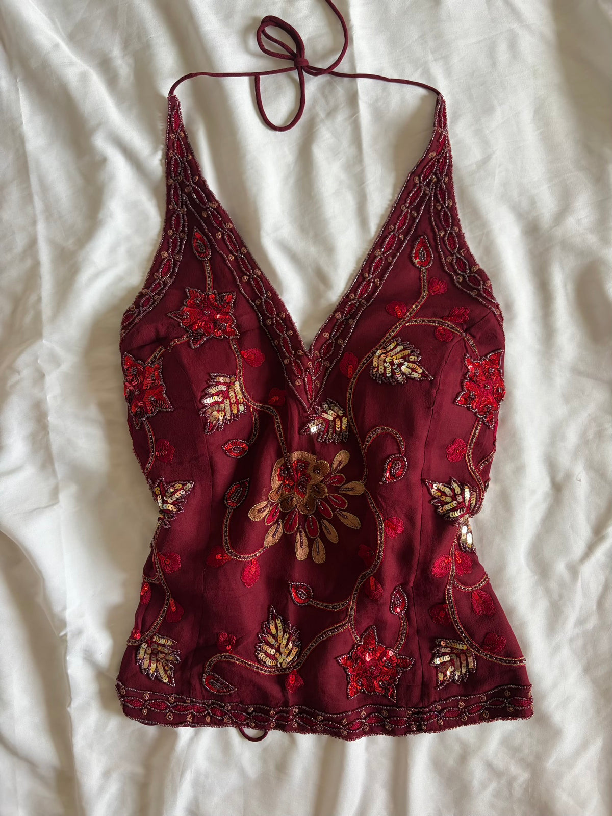 Vintage Y2K burgundy silk beaded floral gold and bronze sequin corset style halter - Size Large