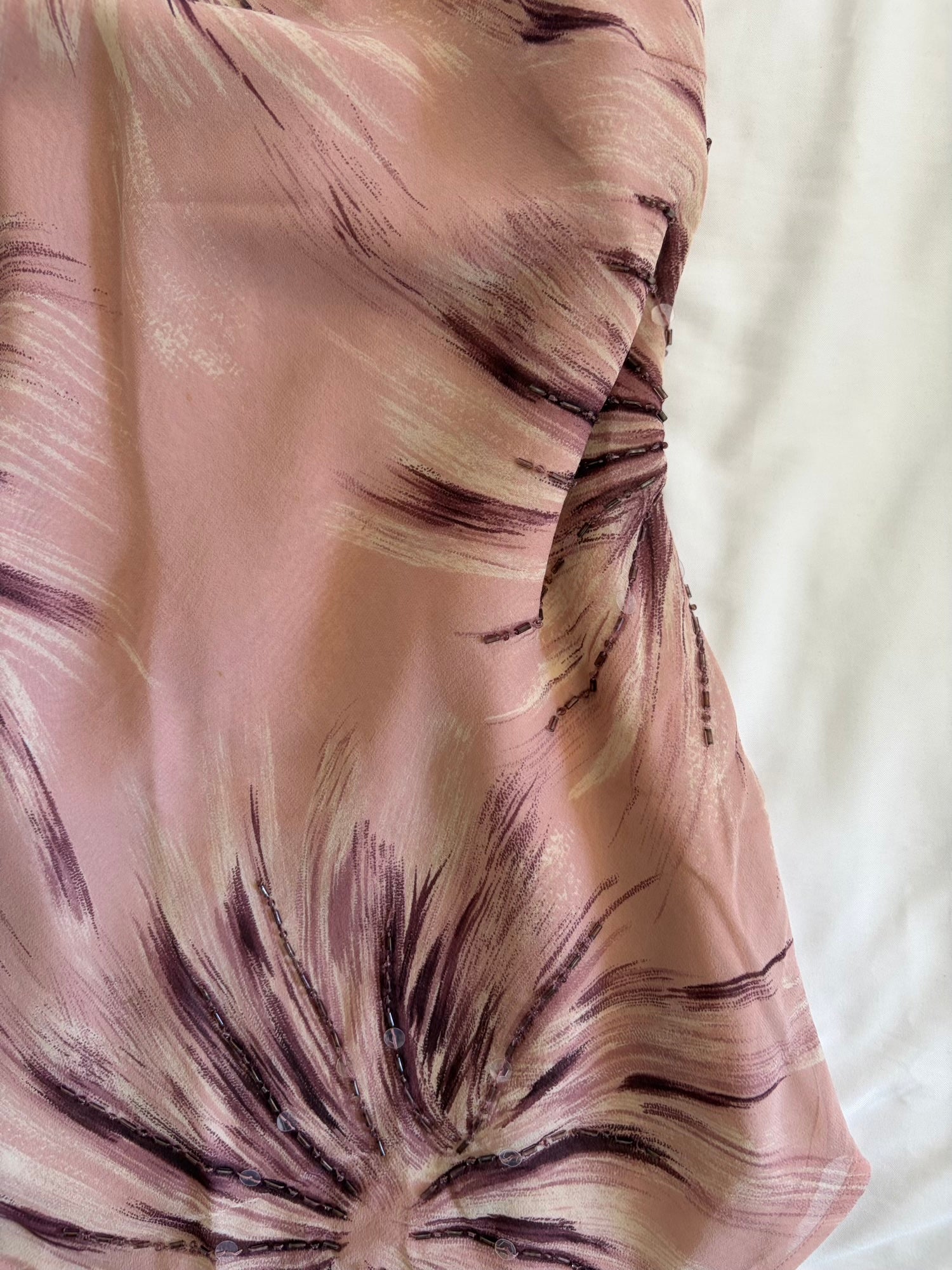 Vintage Y2K Silk Rose Pink Asymmetrical Hem Halterneck Floral Sequin and Bead Cami