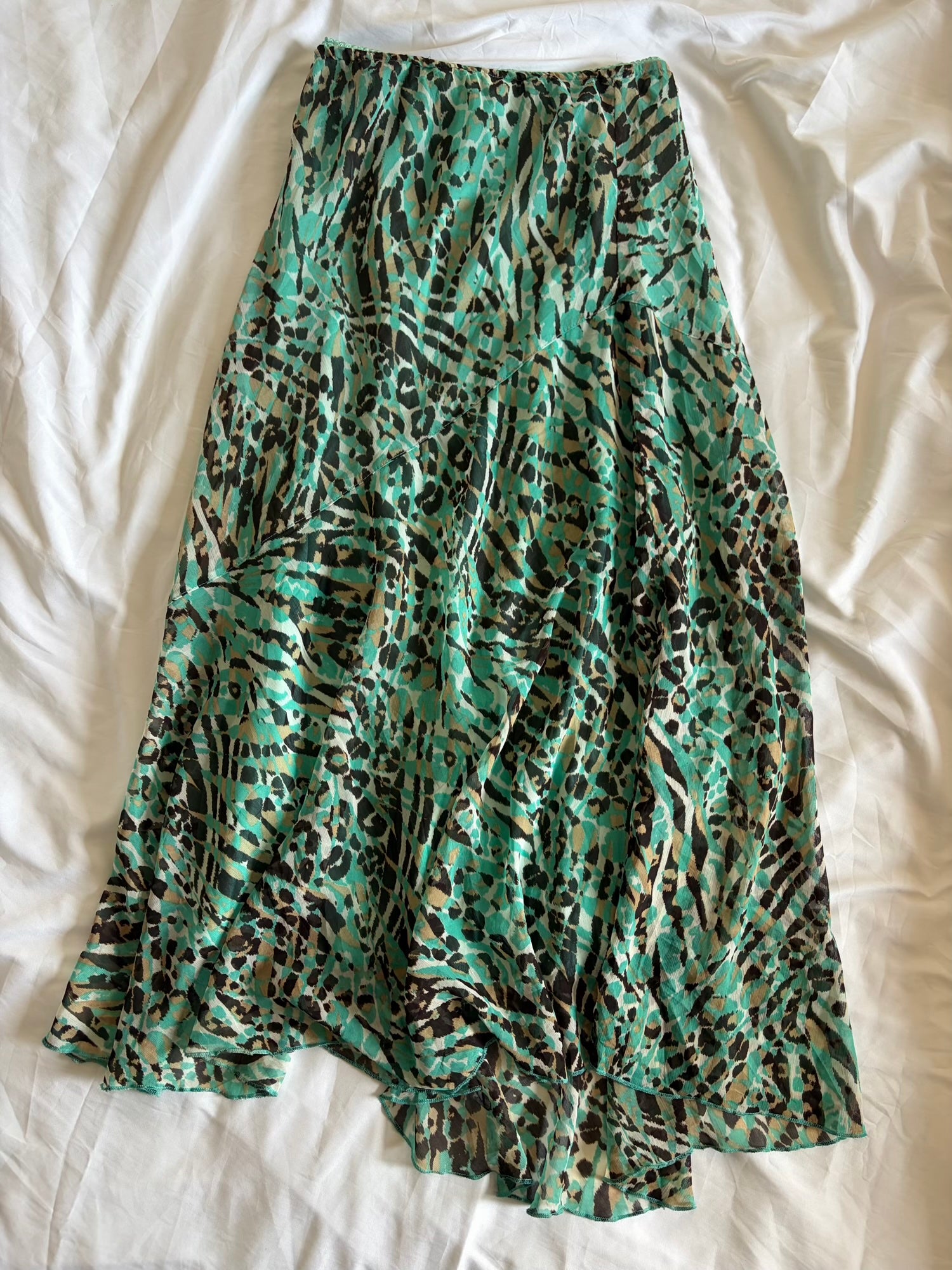 Vintage 1990s Turquoise Leopard Mermaid Hem Skirt with Champagne Contrast