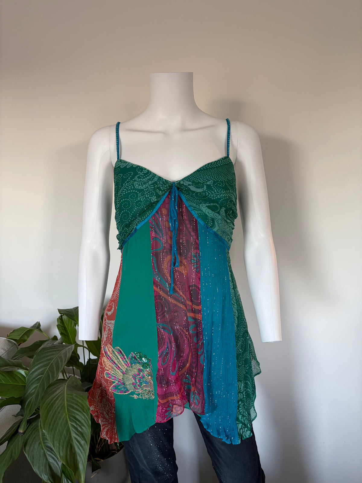Vintage 2000s Silk Patchwork Handkerchief Hem Cami with Sequins and Beaded Straps