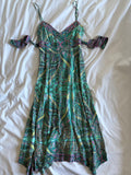 Vintage Y2K paisley silk tie back midi dress with beaded and sequin detail and handkerchief hem