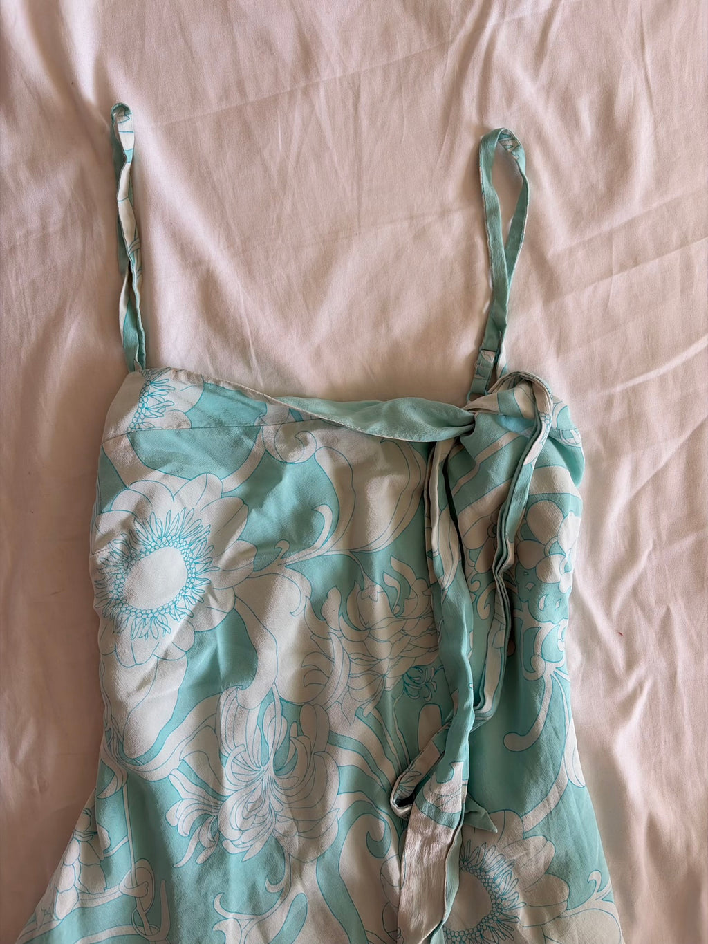 Vintage Y2K Turquoise and White Silk Floral Cami with Double Hem