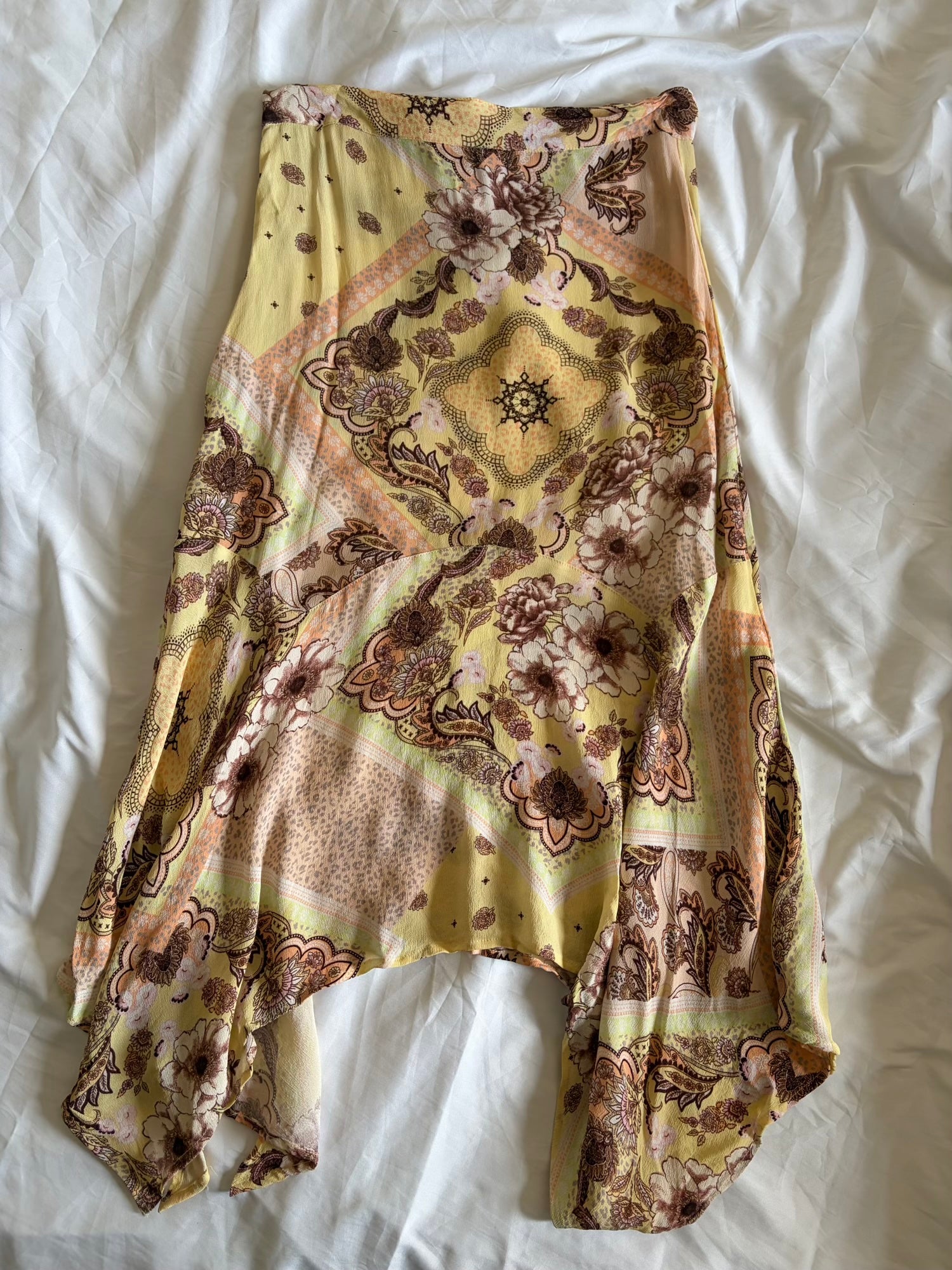Vintage Y2K Yellow and Brown Asymmetrical Hem Paisley Midi Skirt