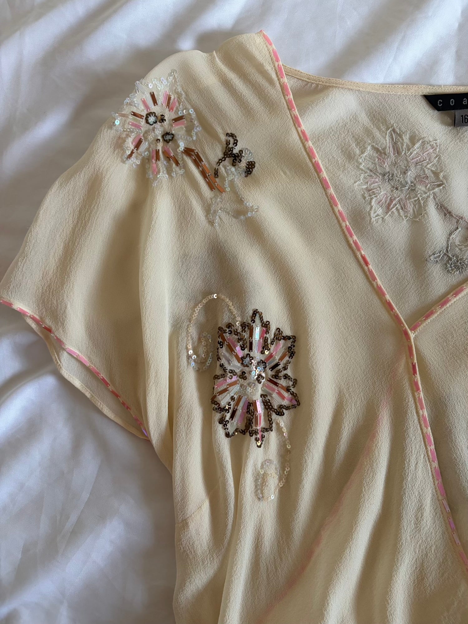 Vintage Y2K Cream Silk Asymmetrical Hem Wrap Blouse with Sequins and Beads
