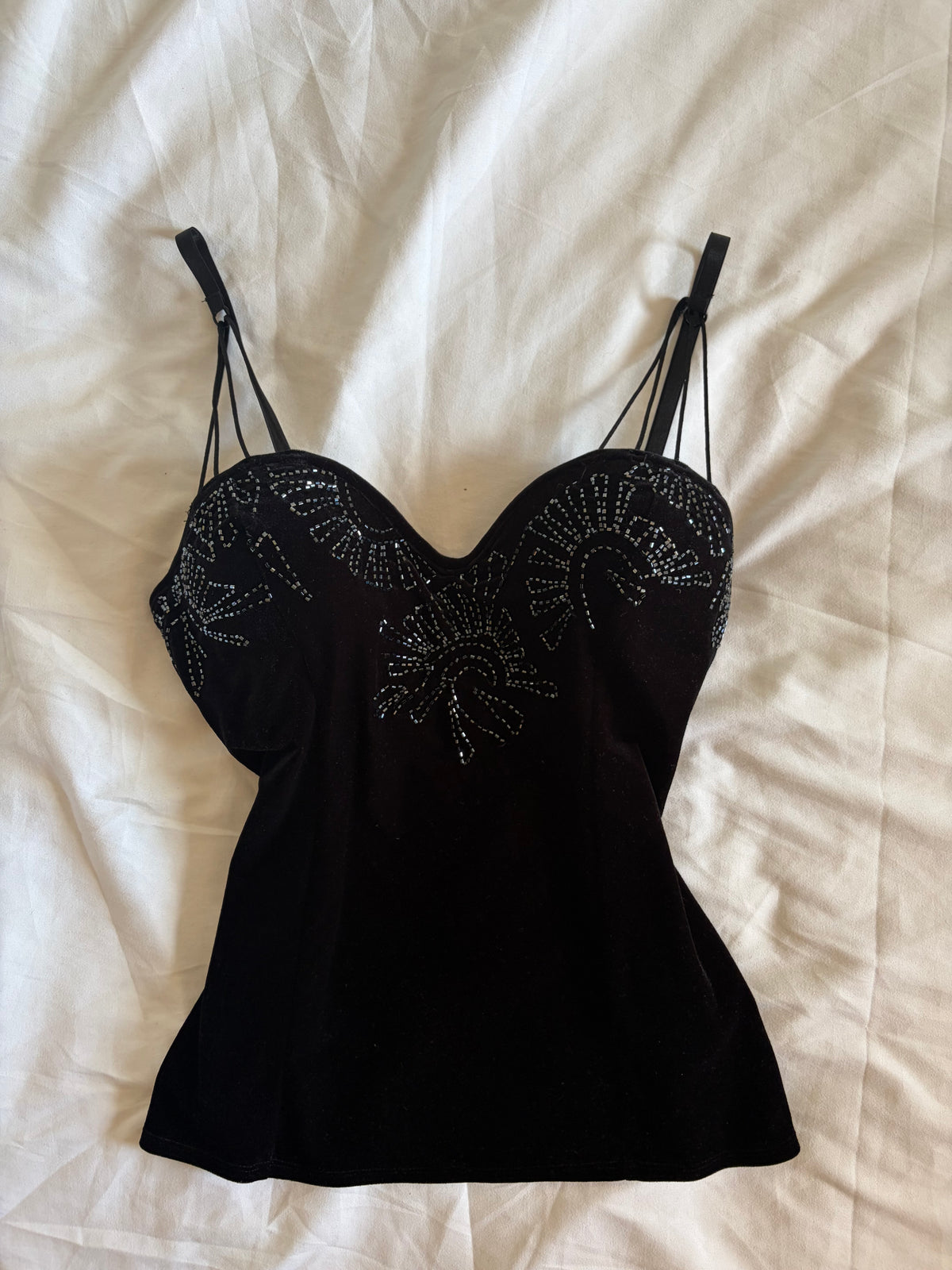 Vintage 1990s Principles Black Velvet Embellished Corset-Style Top