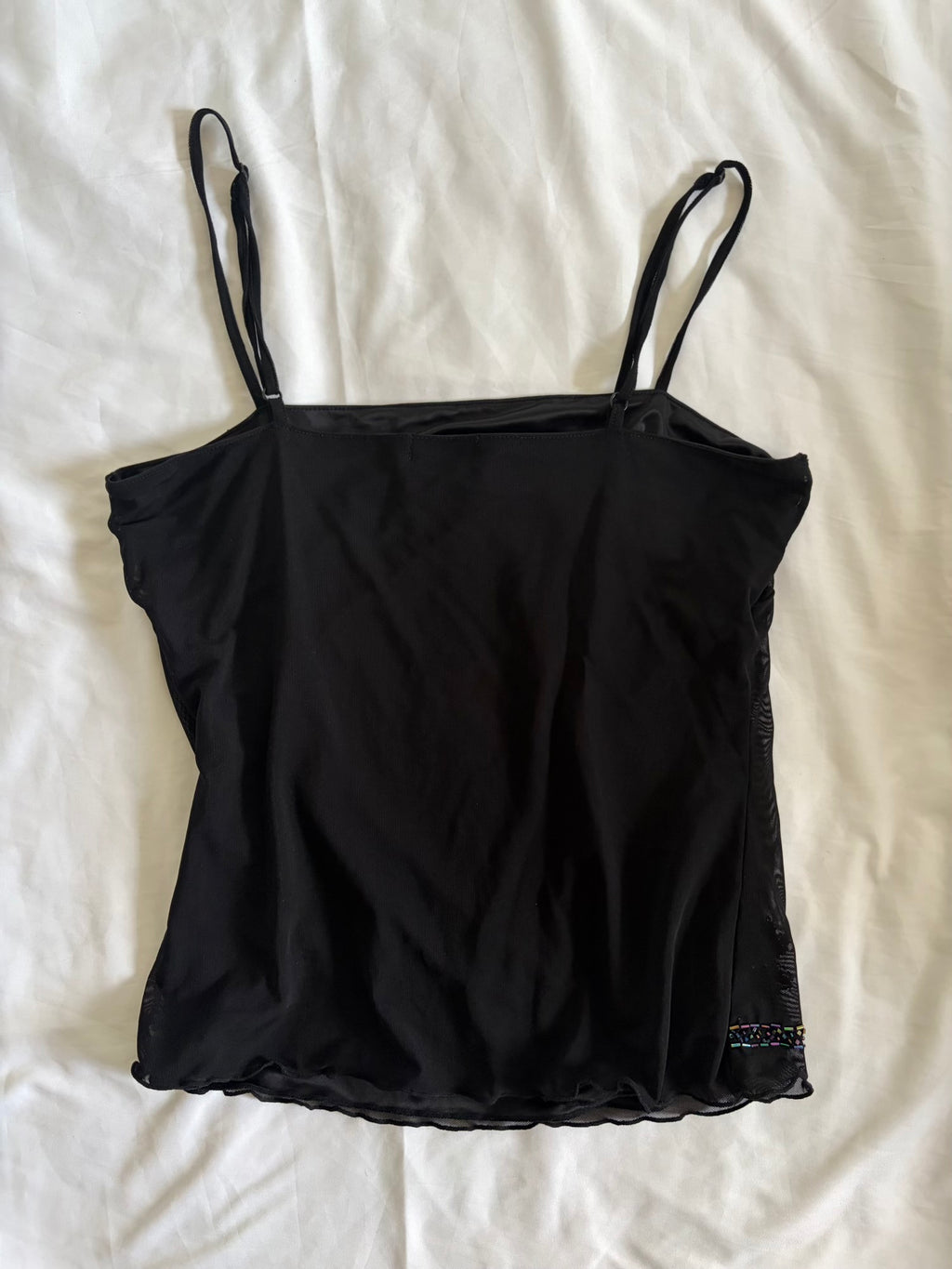 Vintage 1990s Black Mesh Cami with Beaded Detail
