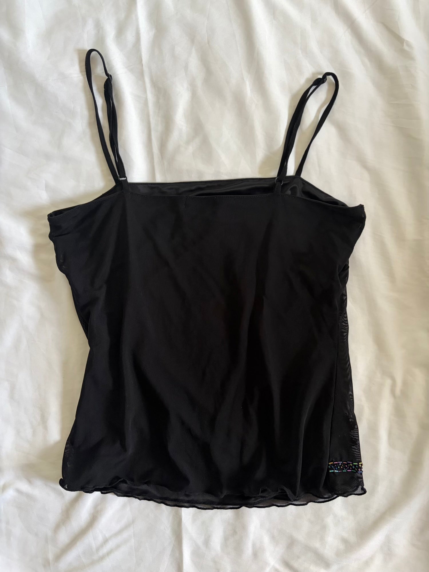 Vintage 1990s Black Mesh Cami with Beaded Detail