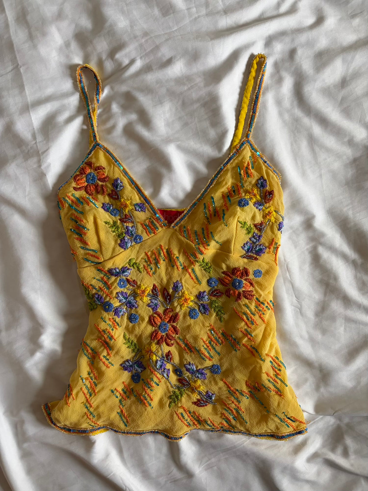 Vintage 2000s Aftershock Sunburst Yellow Silk Cami with Embroidery and Sequins