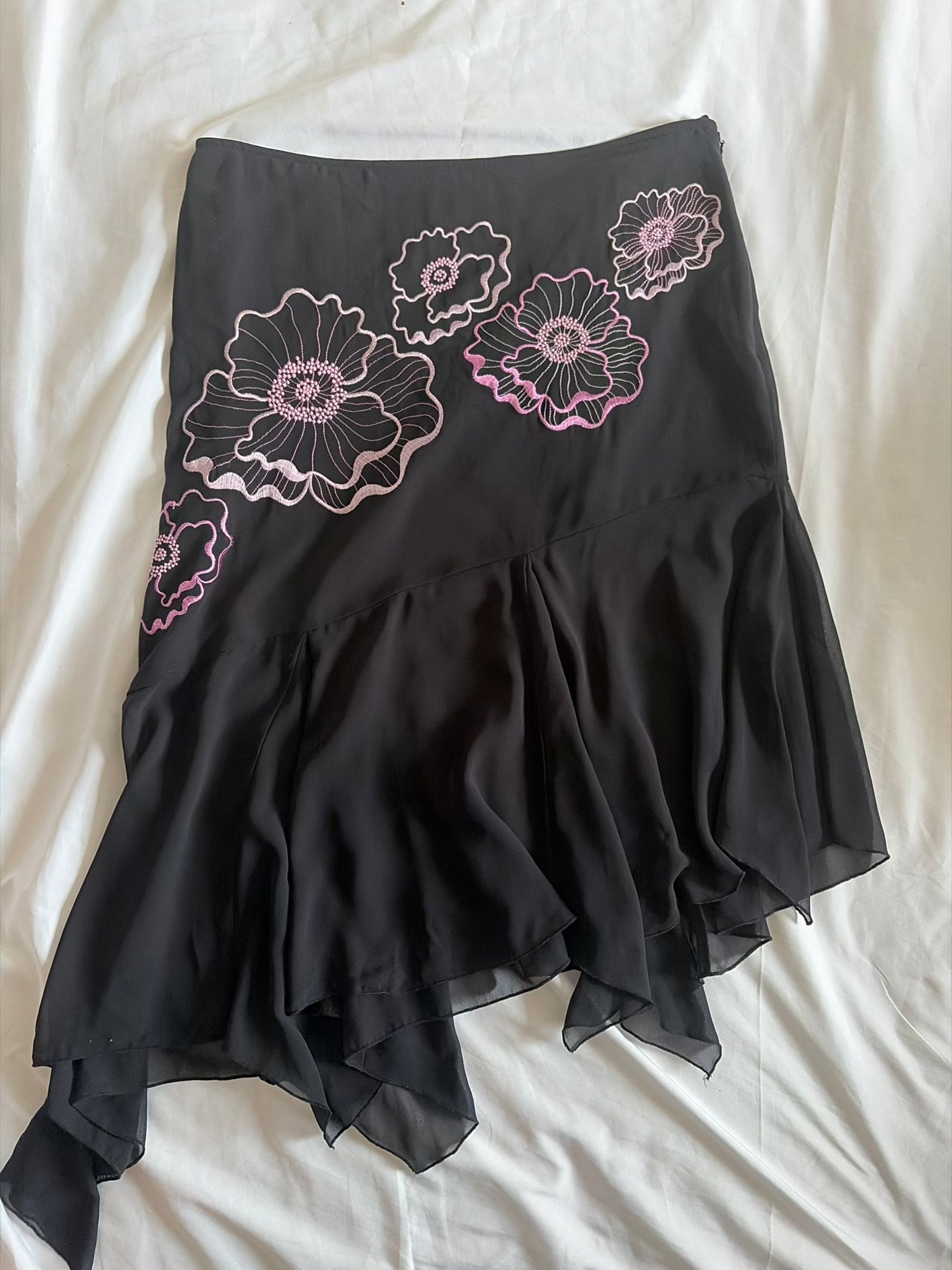 Vintage 1990s Black Asymmetrical Hem Mesh Skirt with Rose Pink Embroidery