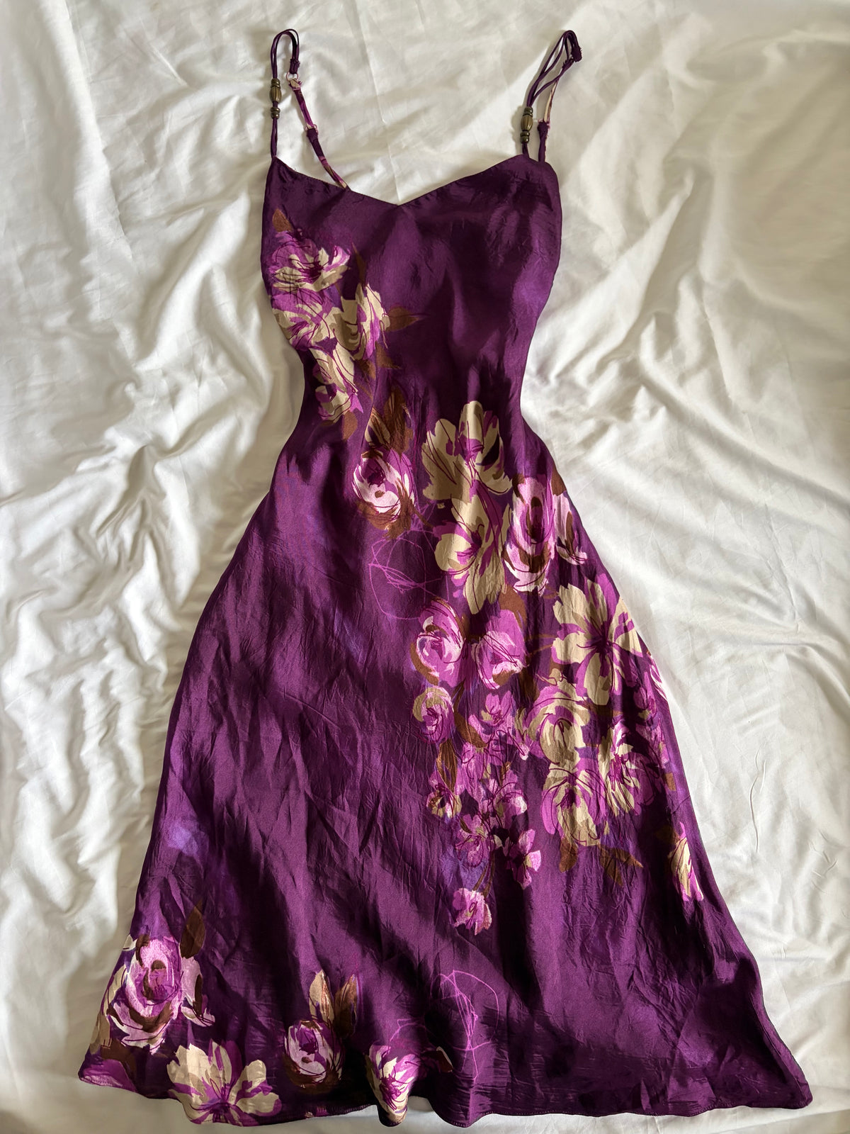 Vintage 1990s Purple Gothic Whimsy Floral Print Satin Dress