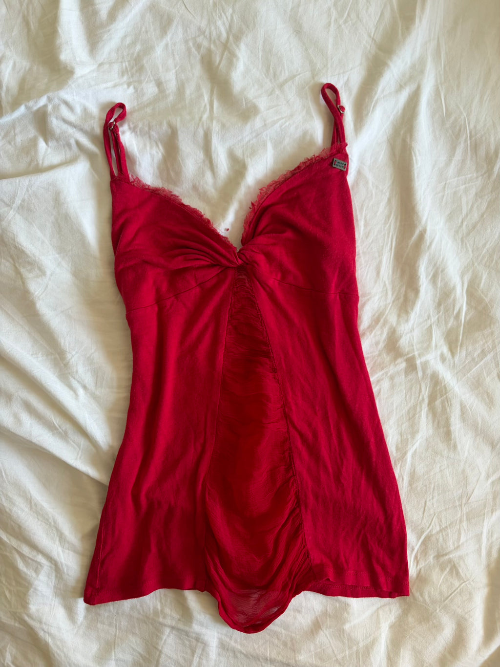 Vintage 1990s Miss Sixty red knot bust cami with contrast panel silver badge
