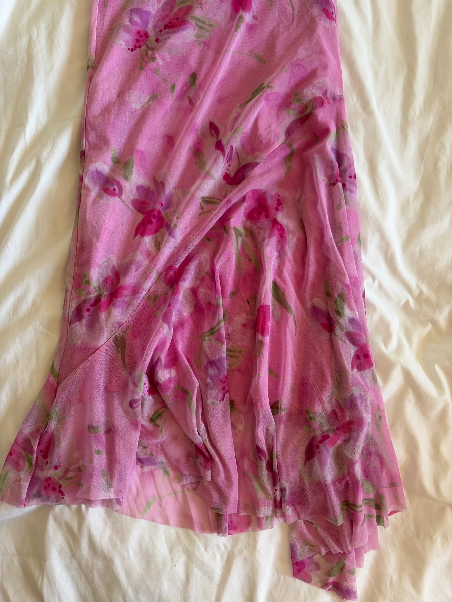 Vintage 1990s pink asymmetrical hem micromesh midi skirt