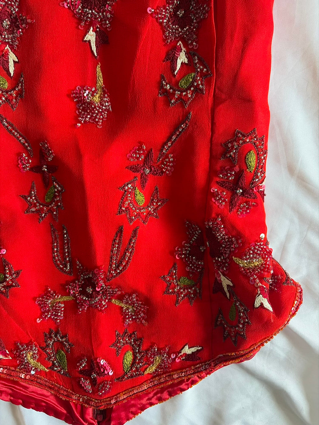 Vintage Y2K Silk Red Beaded and Sequin Basque Waist Top