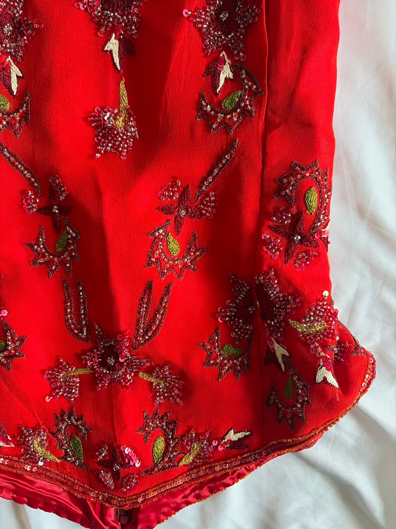 Vintage Y2K Silk Red Beaded and Sequin Basque Waist Top