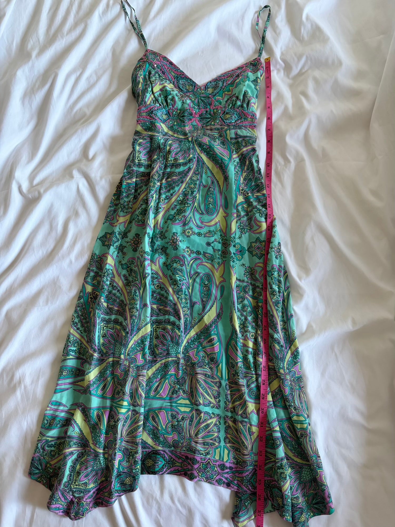 Vintage Y2K paisley silk tie back midi dress with beaded and sequin detail and handkerchief hem