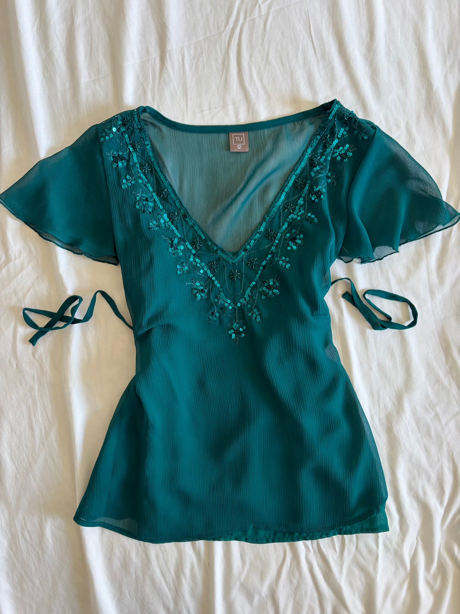 Vintage Y2K Teal Sequin Top with Side Ties and Built-In Cami