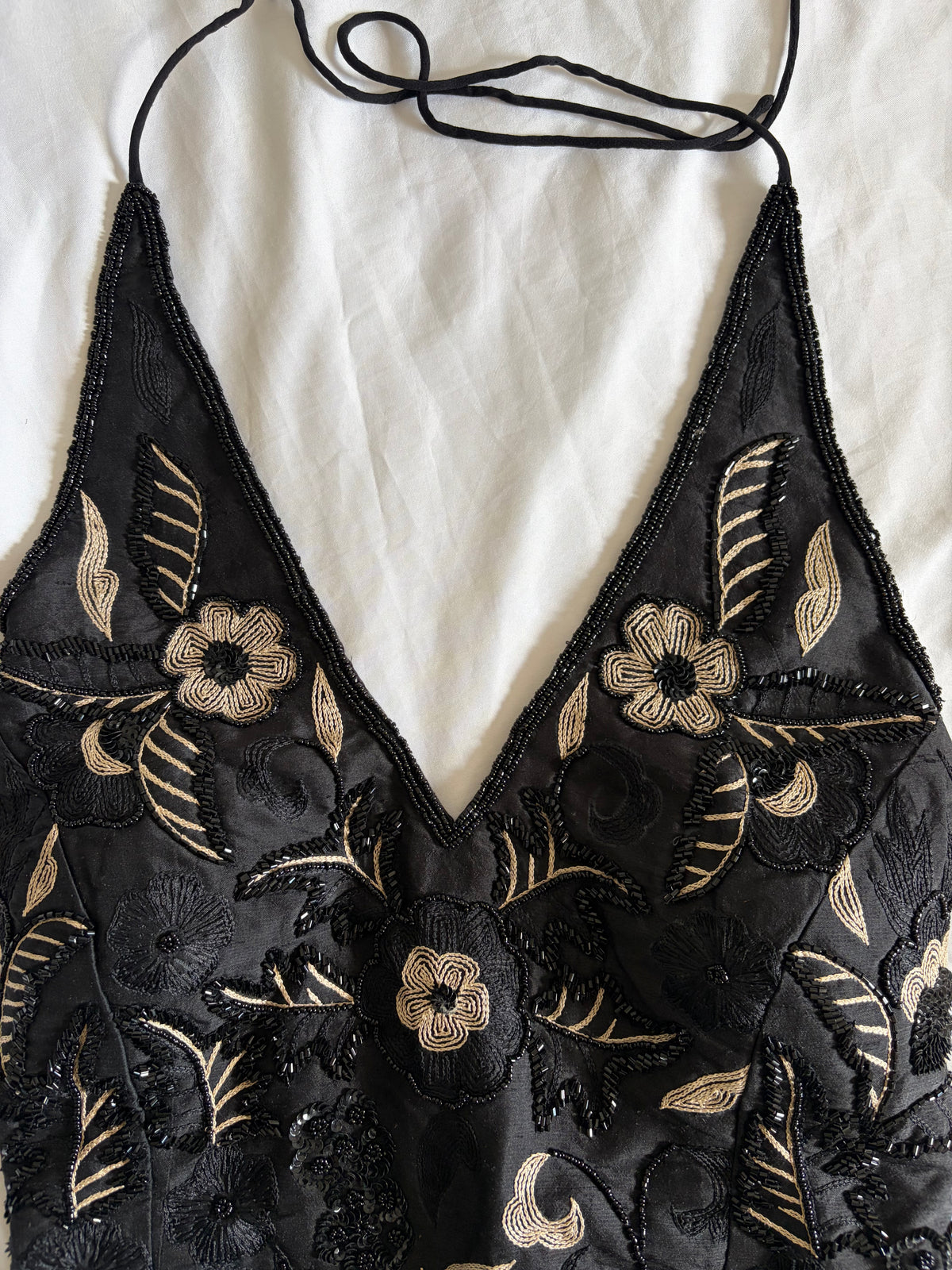 Vintage 2000s Banke B Silk Black Sequin and Beaded Corset Halter, UK 14–16