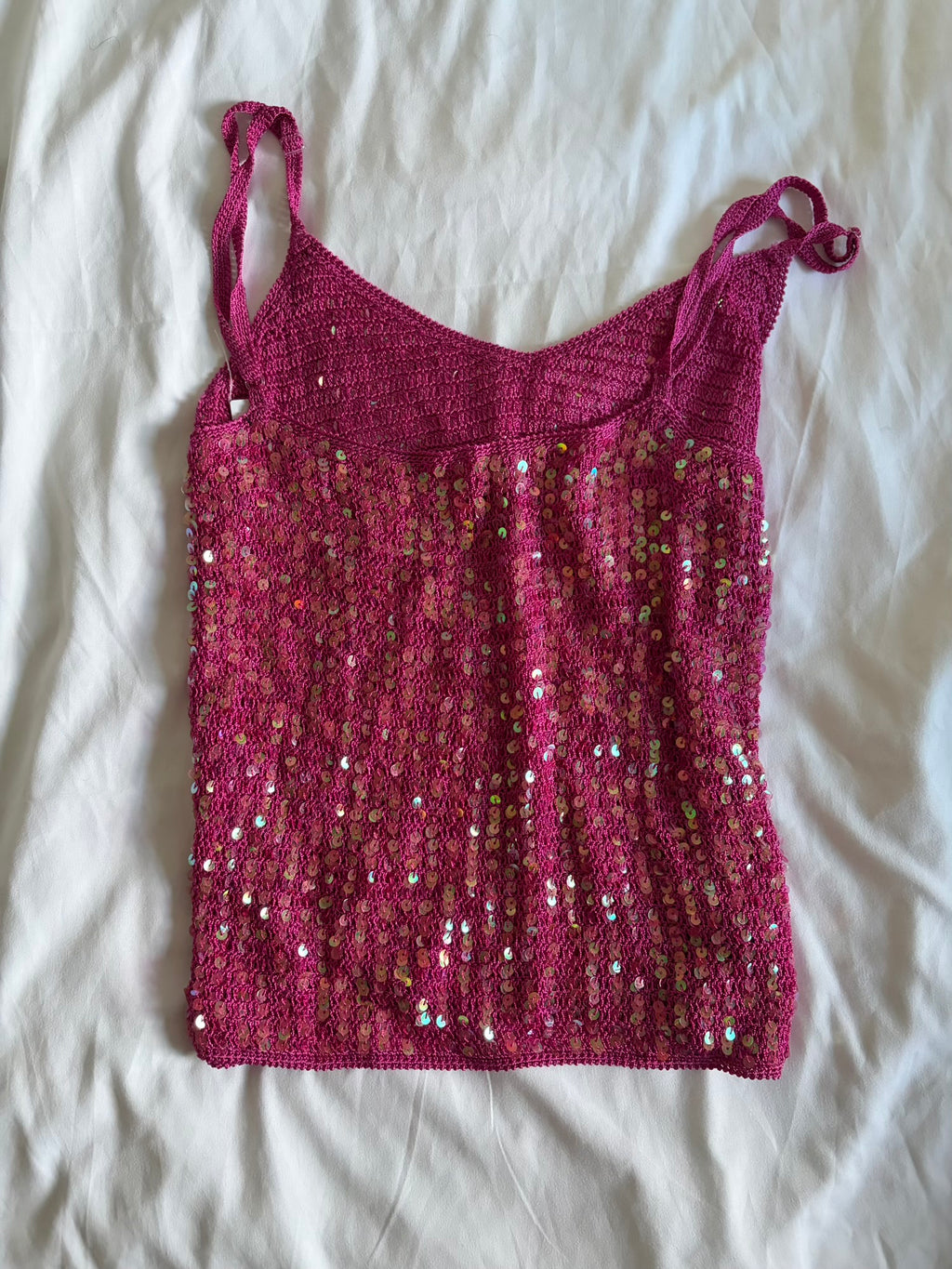 Vintage Y2K cerise pink crochet iridescent sequin cami