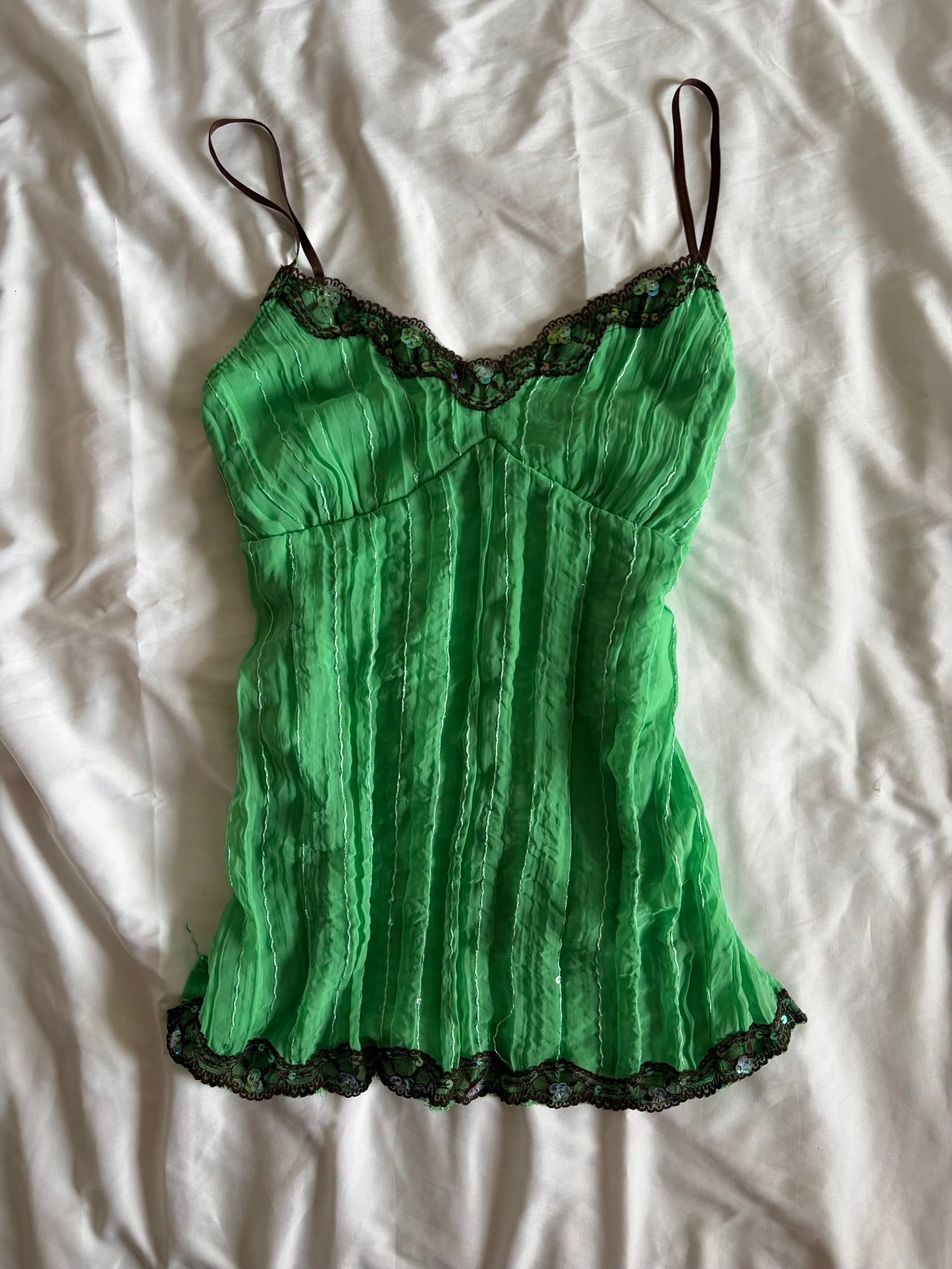 Vintage Y2K green sequin cami with brown lace detail and straps
