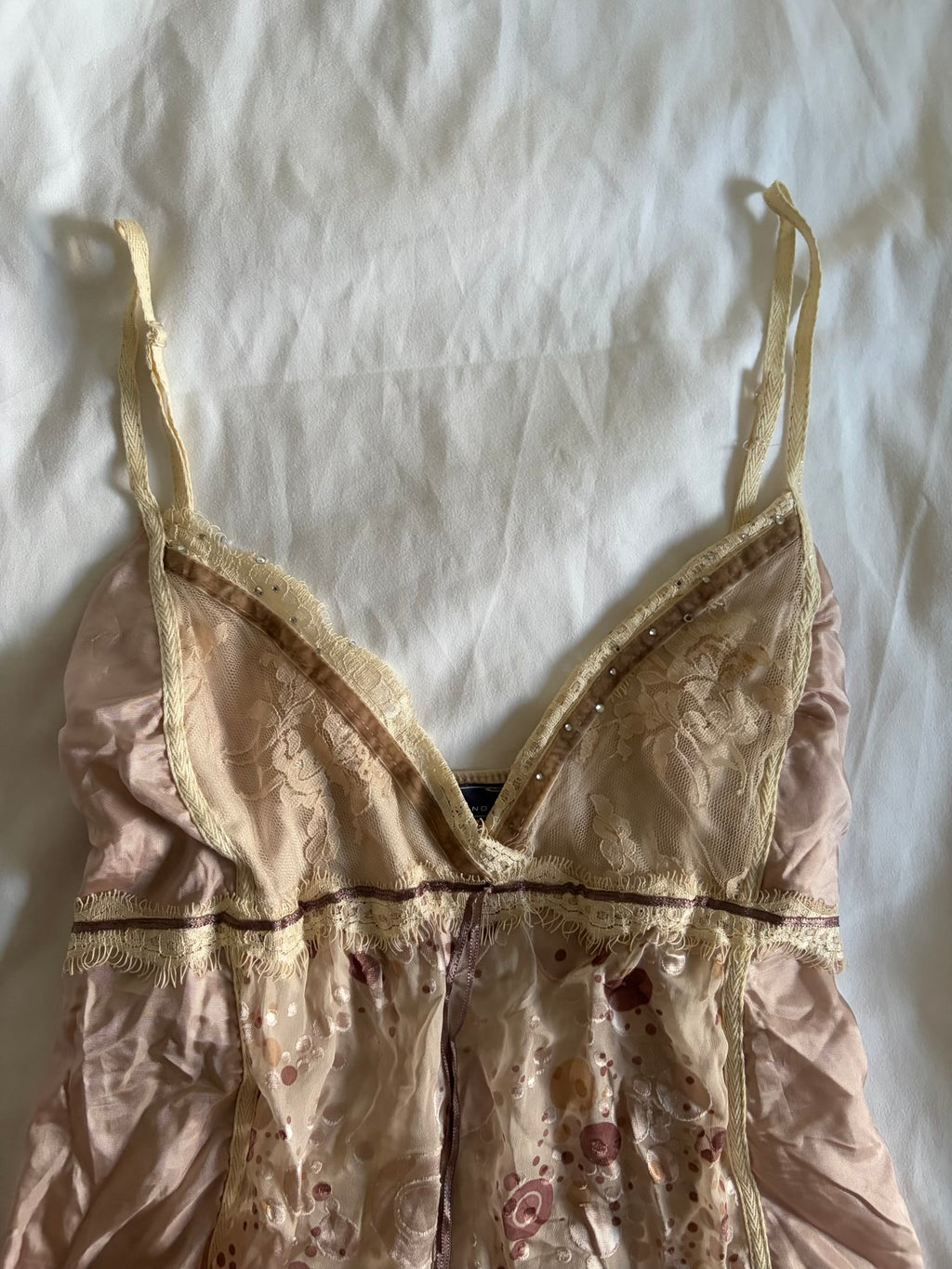 Vintage Y2K romantic fairy cami with lace, ribbon and diamontes and polka dot details