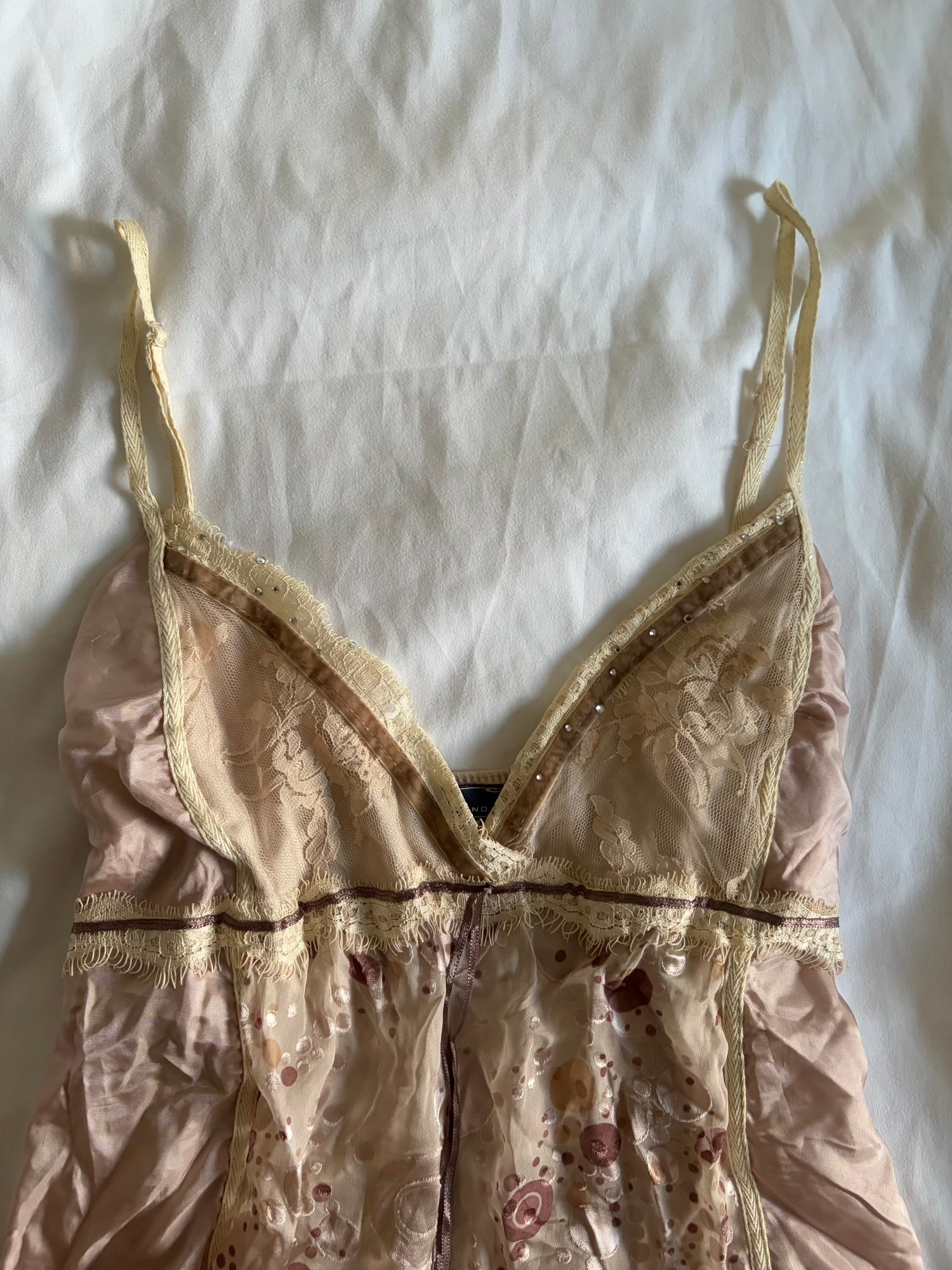 Vintage Y2K romantic fairy cami with lace, ribbon and diamontes and polka dot details