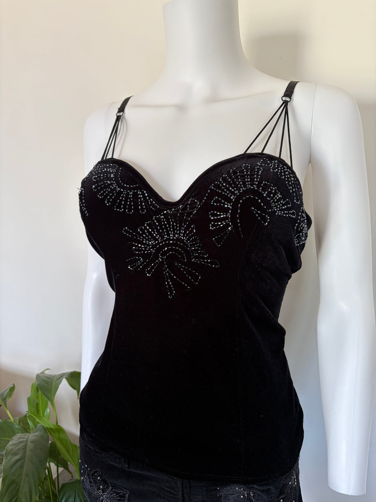 Vintage 1990s Principles Black Velvet Embellished Corset-Style Top