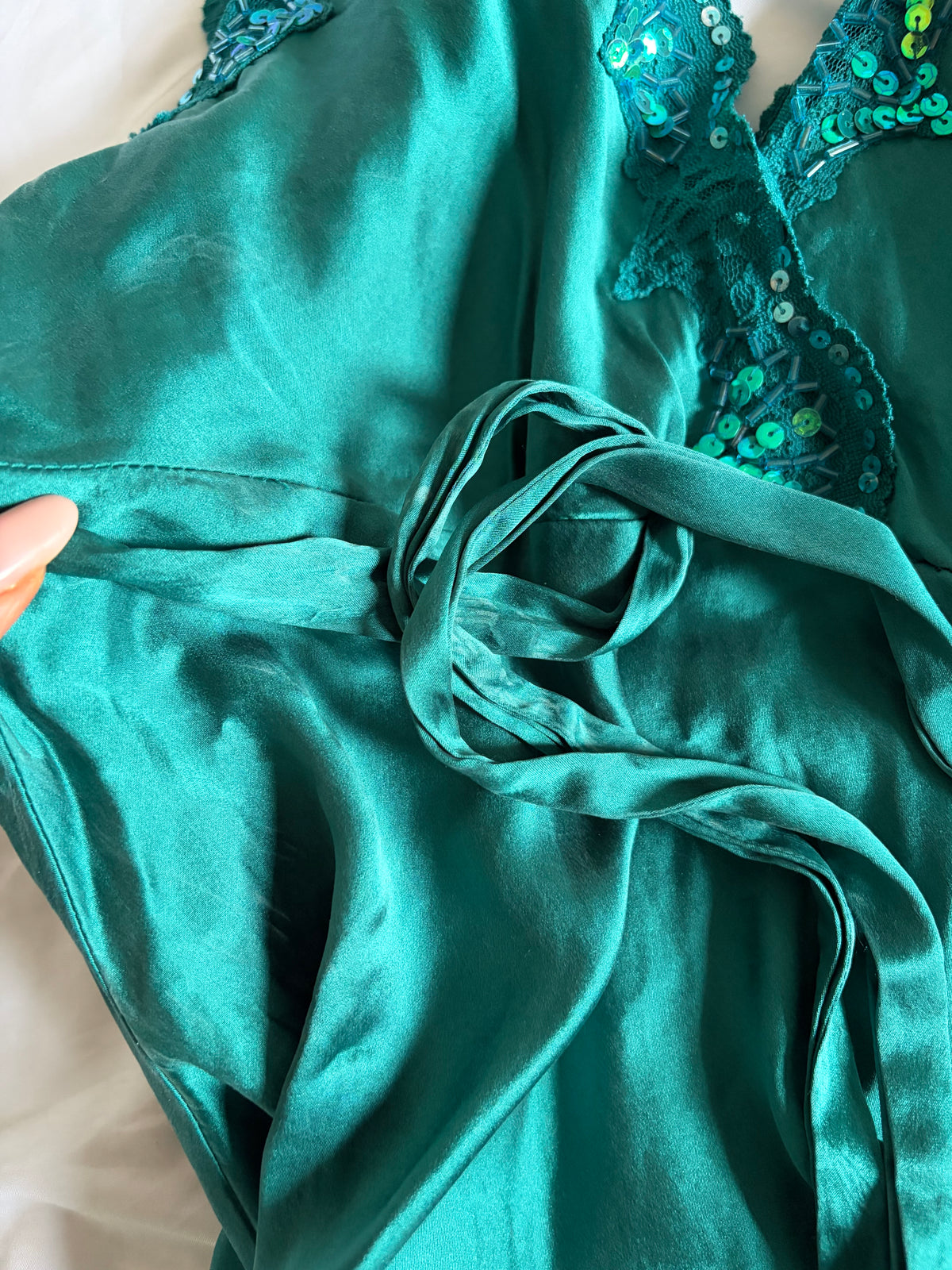 Vintage 1990s Oasis Silk Teal Beaded Mini Slip Dress